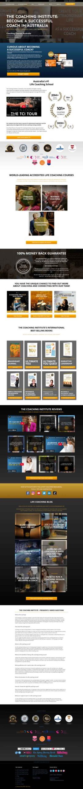 Comprehensive website for a coaching institute, showcasing various coaching courses, testimonials, resources, and blog content.