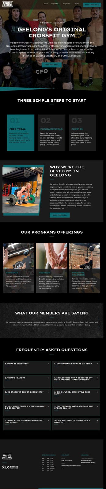 Dynamic website for a CrossFit gym, showcasing programs, testimonials, FAQs, and a clear call to action for new members.