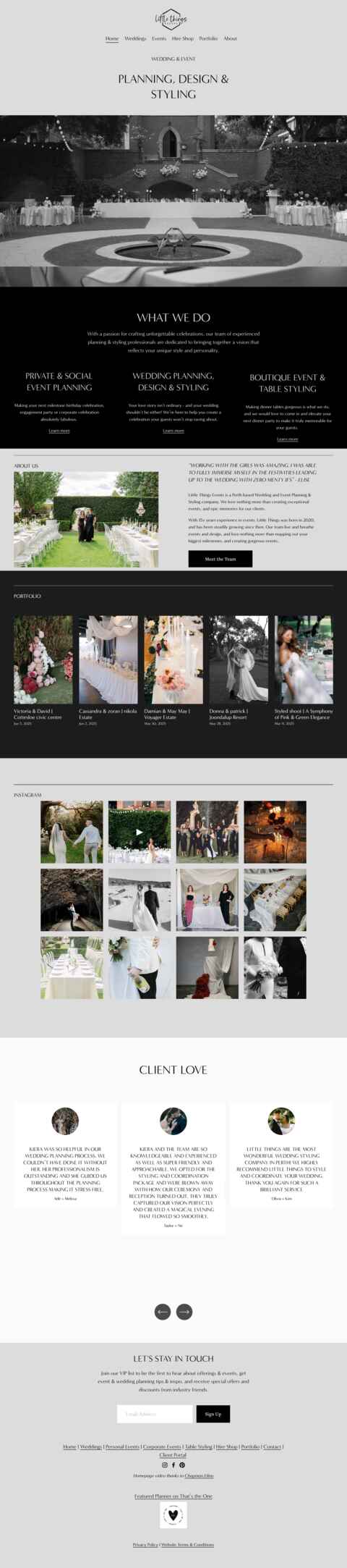 Elegant website for an event planning, design, and styling company, showcasing portfolio, services, and client testimonials.
