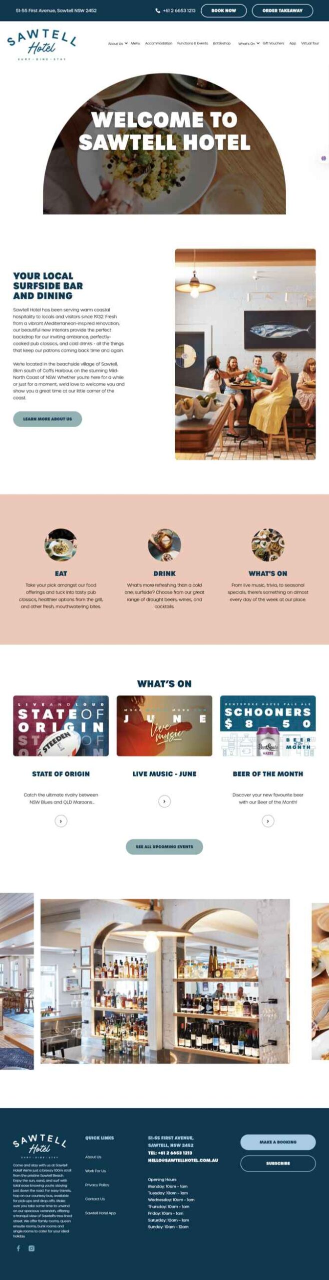 Professional website design for a hotel with dining and events sections, showcasing a clean layout and clear call to actions.