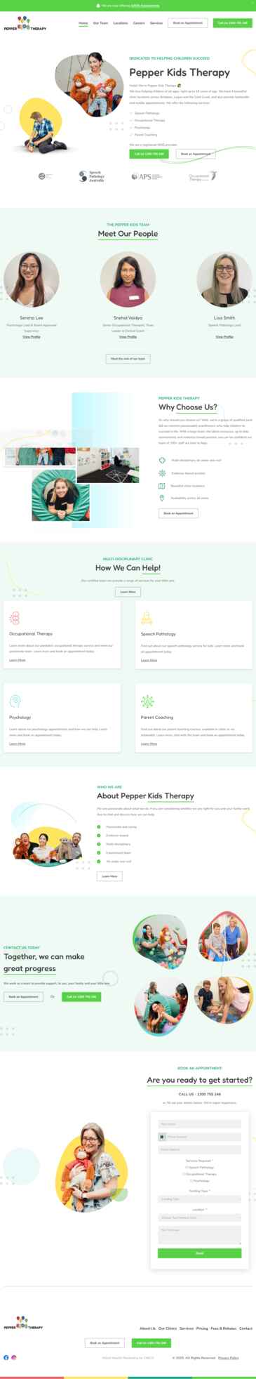 Bright and friendly website for a kids therapy practice, featuring team profiles, services offered, and contact information.