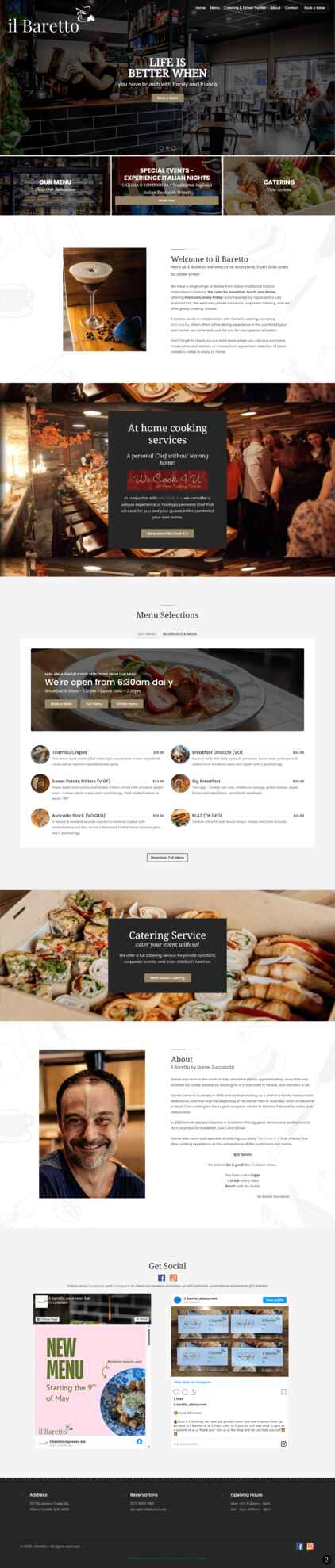 Modern website for a restaurant and catering service, featuring menu, events, and about sections with a focus on food and dining experience.